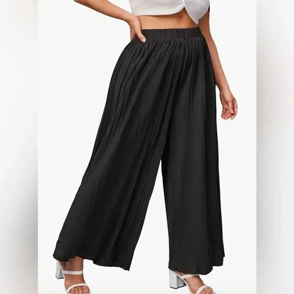 Women's One Size Pleated Elastic Waist Wide Leg Casual Long Pants - Picture 3 of 6
